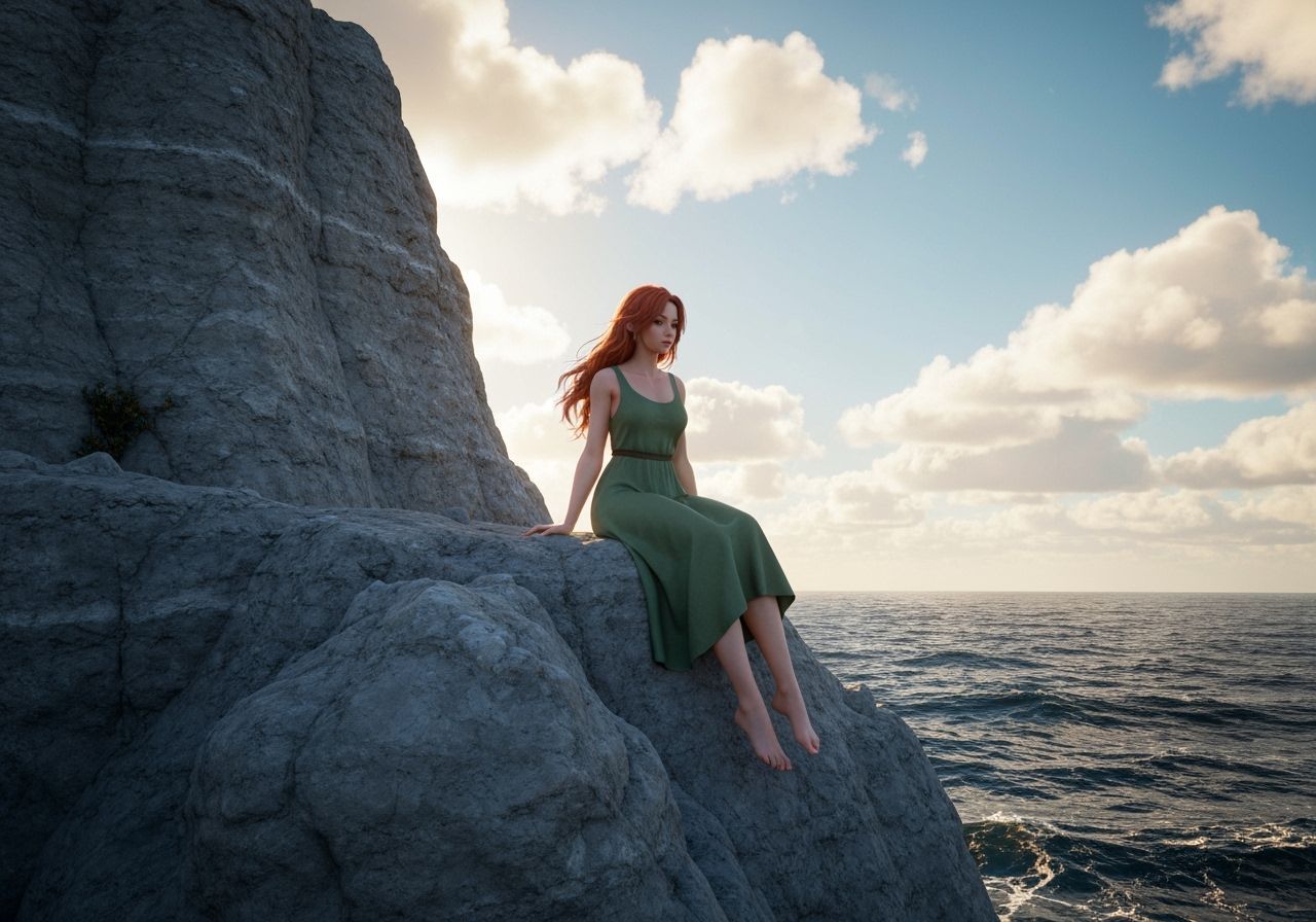 Anime Woman Gazing at Stormy Ocean