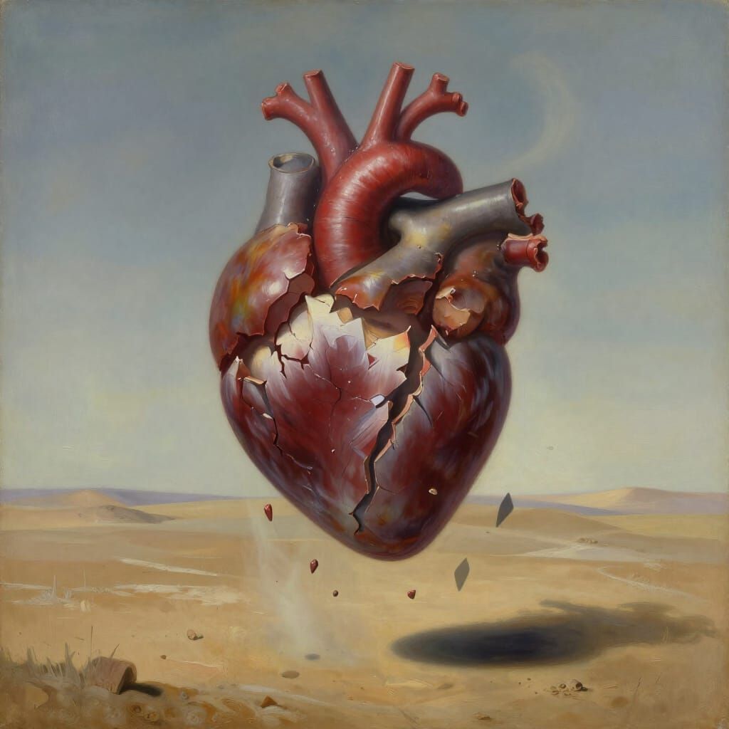 Surrealist Cracked Heart Over Desolate Landscape Oil Paintin...