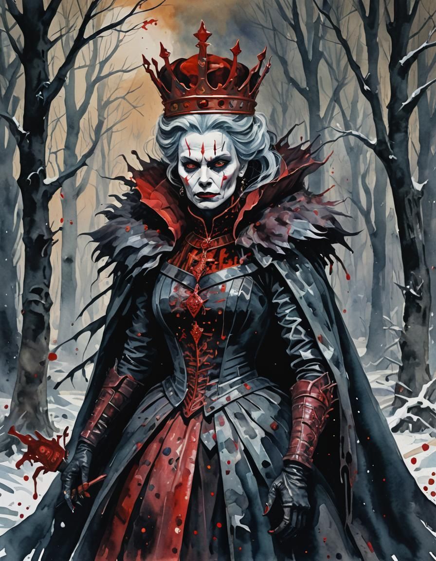 Dark Winter Horror Blood Queen in Gouache Style