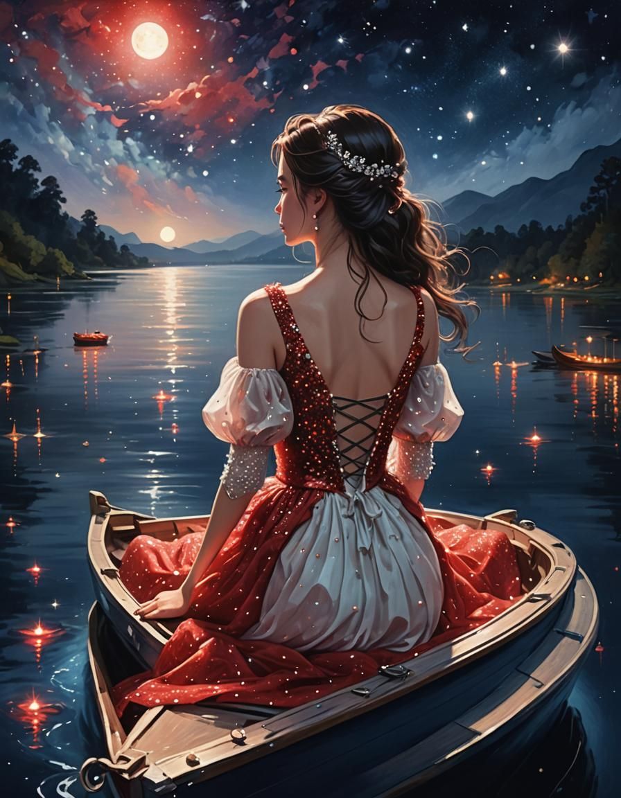 Woman in Boat on Bioluminescent River at Night