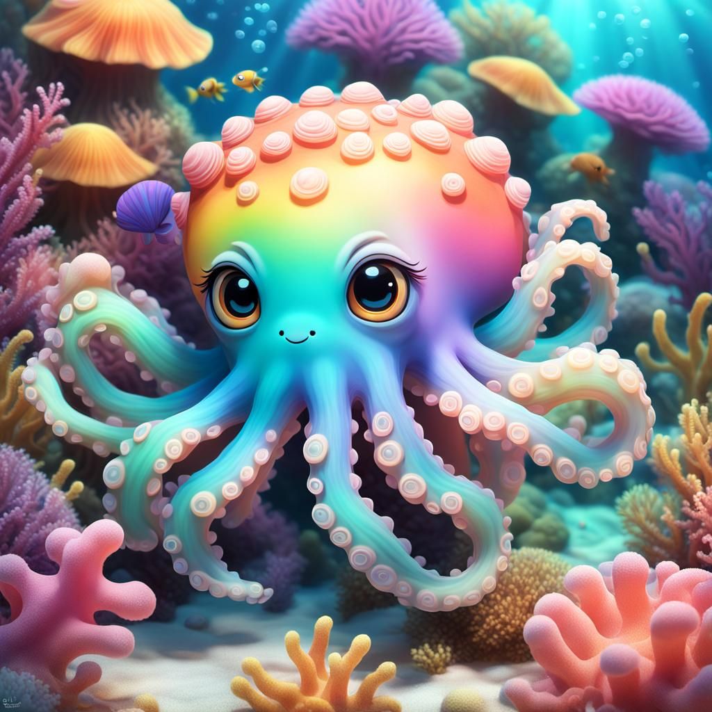 Adorable Octopus Puppy in Coral Reef: 3D Anime Art