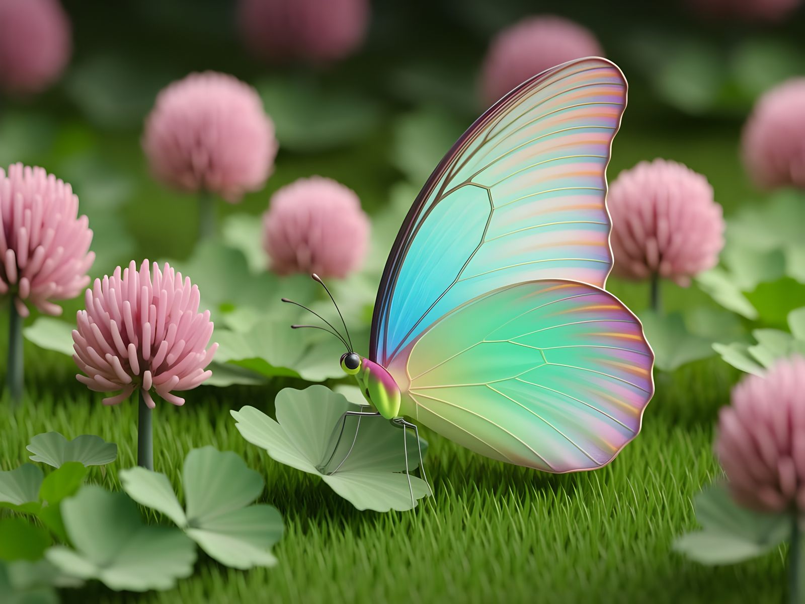 a bright green butterfly standing by some blooming clover, i...