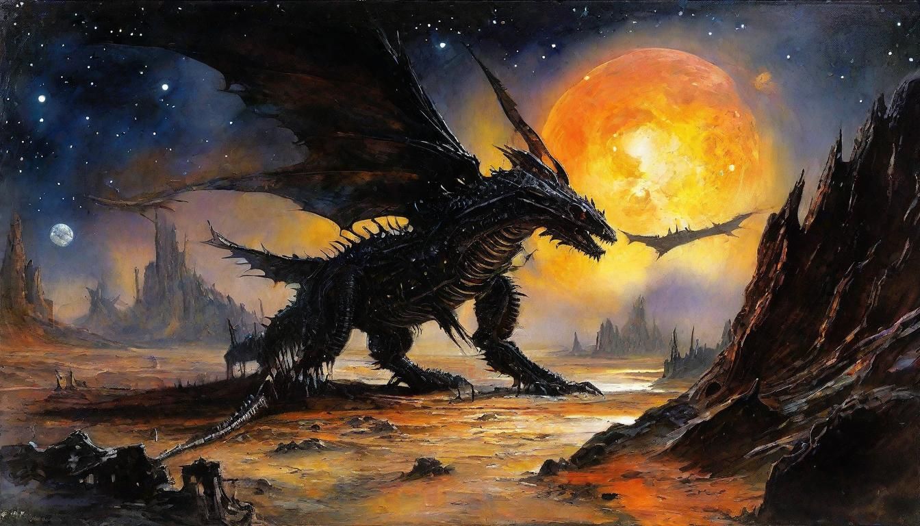 Ethereal Dragon Hatching Aliens on Decaying Planet