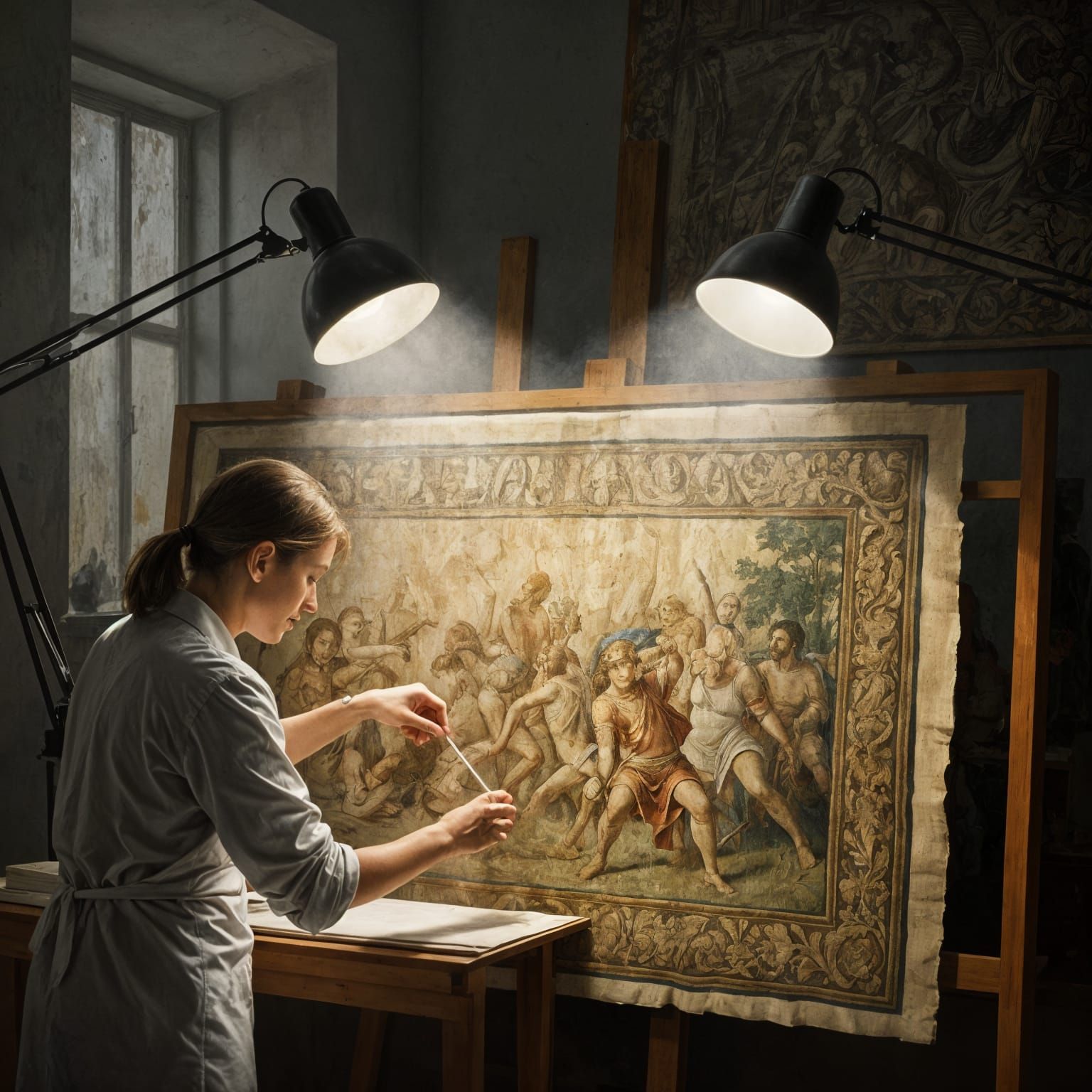 Art Conservator Restoring Ancient Tapestry in Oil Painting S...