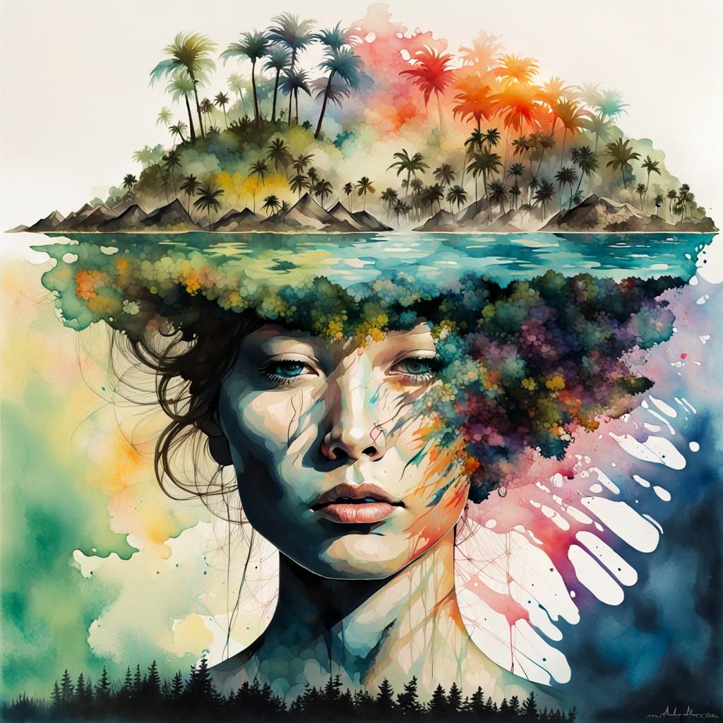 Tropical Island Paradise with Stormy Seascape, Vivid Comic A...