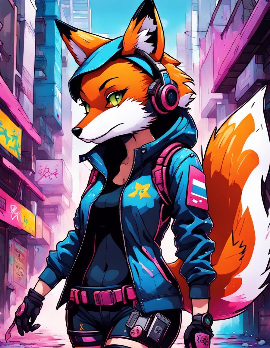 Cyberpunk Fox Furry Graffiti Art: Gamer Girl