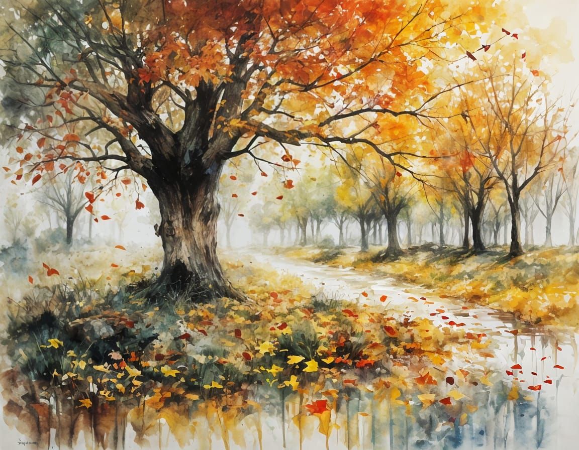 Abstract Autumnal Landscape in Watercolor Style
