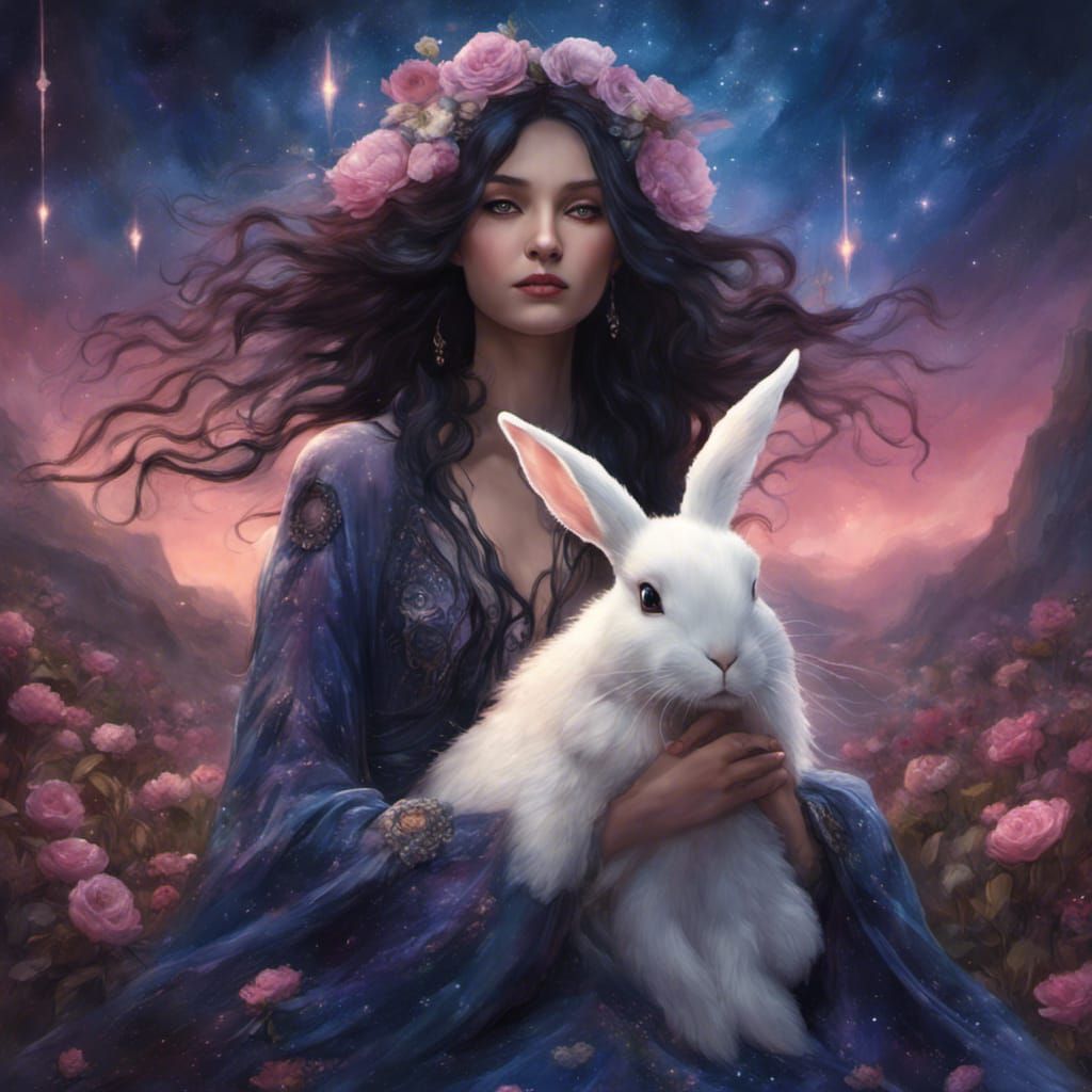 Druidess with Galaxy Gown and White Bunny