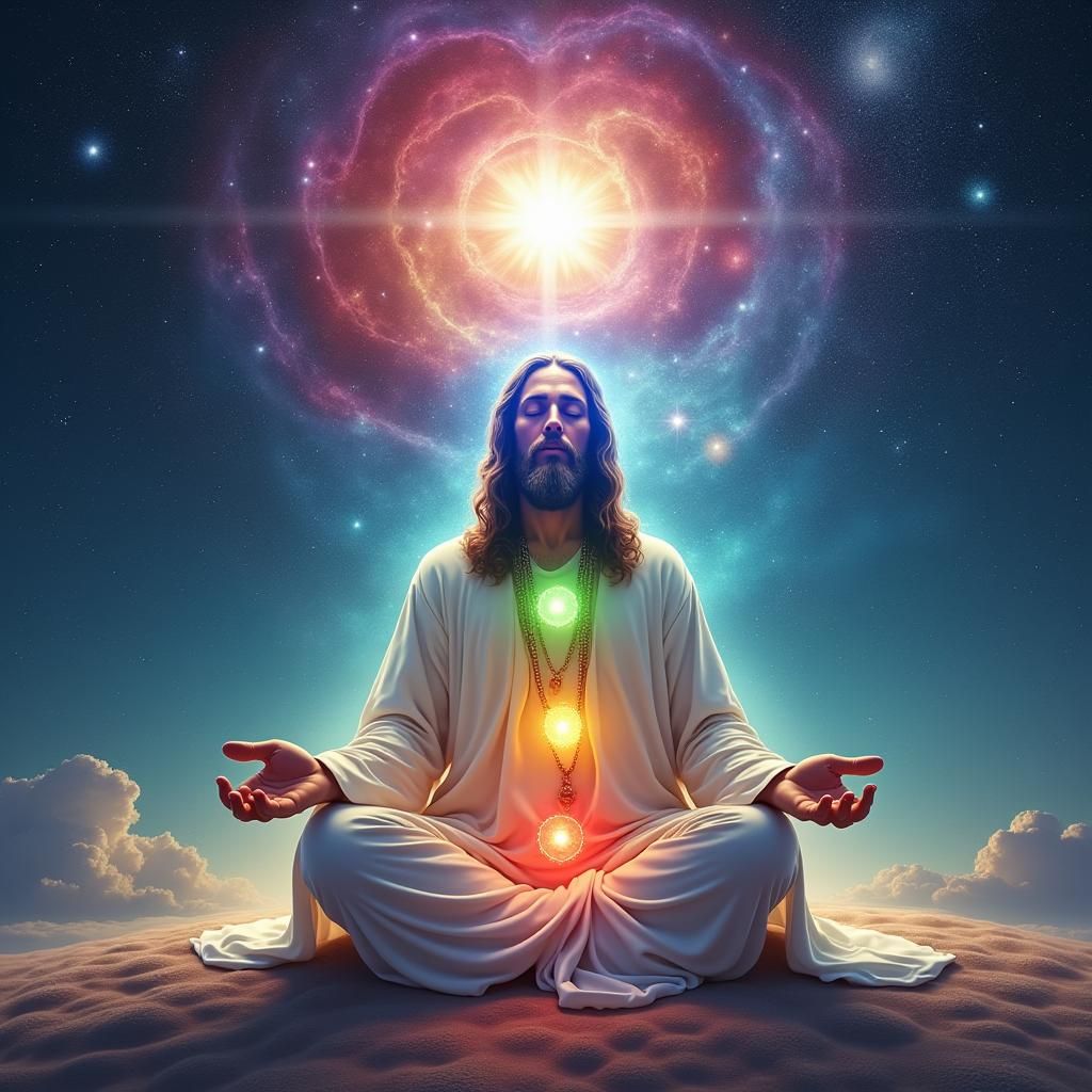 Jesus Meditating in Cosmic Chakra Aura, Abstract Expressioni...