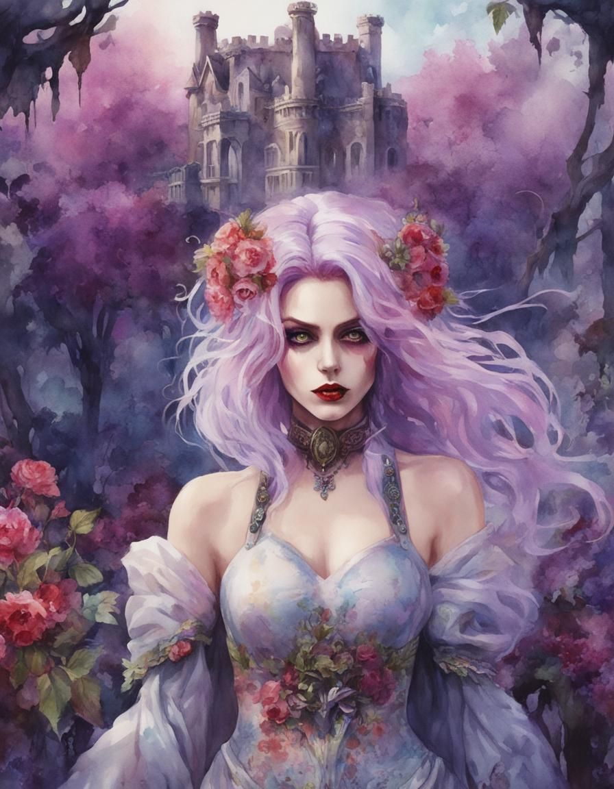 Castlepunk Woman in Watercolor with Lilac Bush