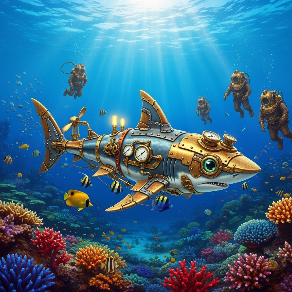 Steampunk Shark Explores Vibrant Coral Reef