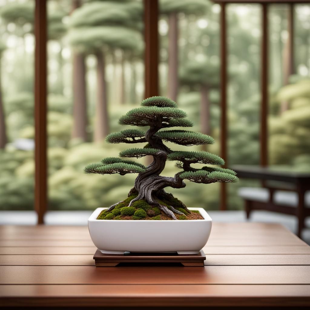 Hyperrealistic Pine Bonsai in Japanese Garden