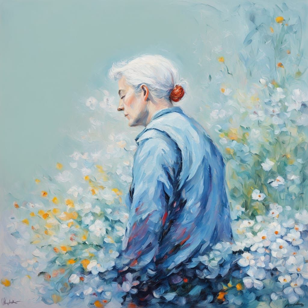 Woman with Blue Hair in Abstract Flower Field, Neo-Impressio...