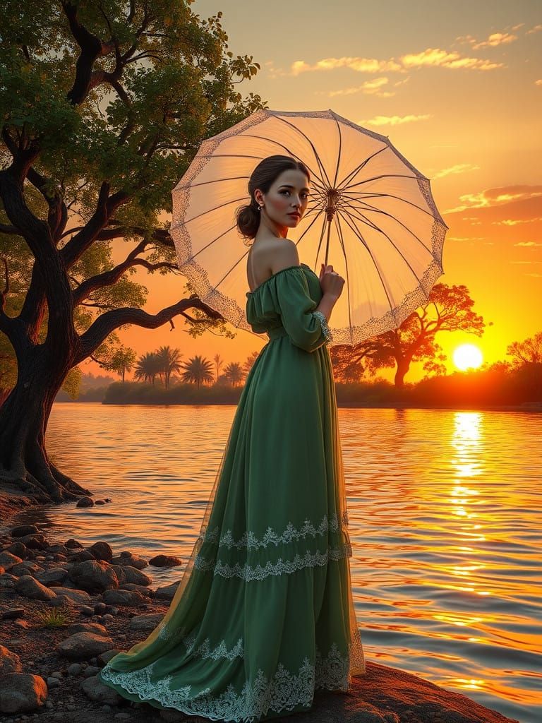 Elegant Woman Posed Against Sunset Landscape