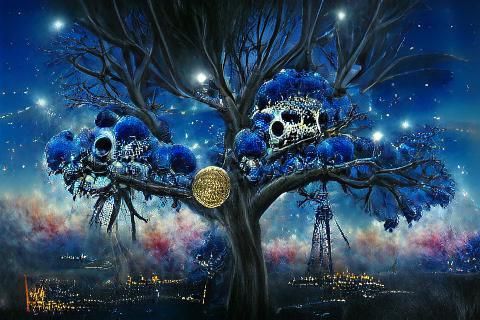 Skull in Starry Night Tree: Detailed Oil Painting