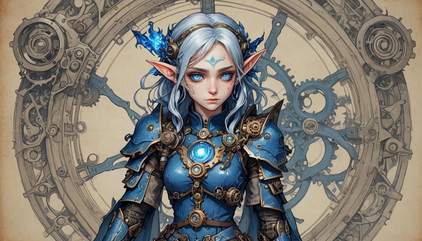 Steampunk Elf in Tang Suit with Blue Flames