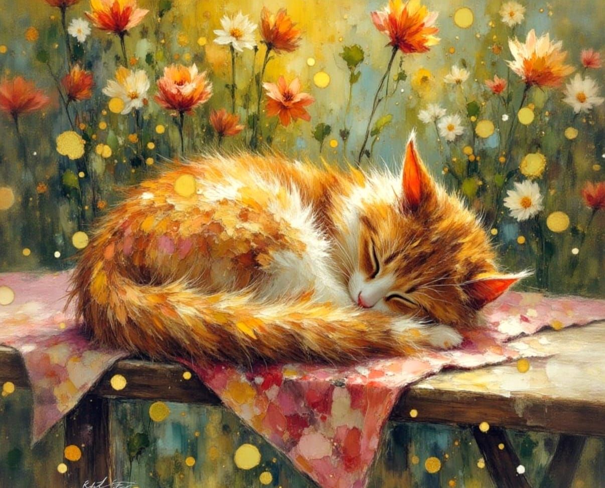 Sleeping Tabby Cat in Hazy Sunlight, Dreamy Impasto Style