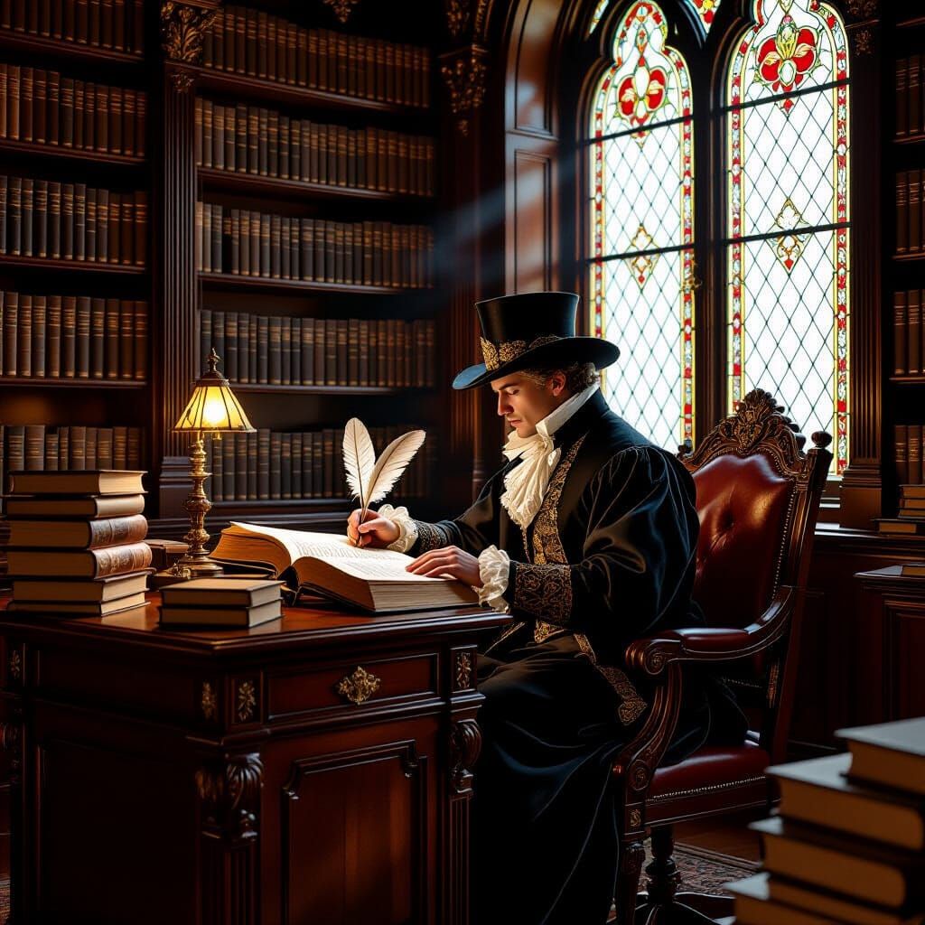 Victorian Scholar in Grand Library with Stained Glass