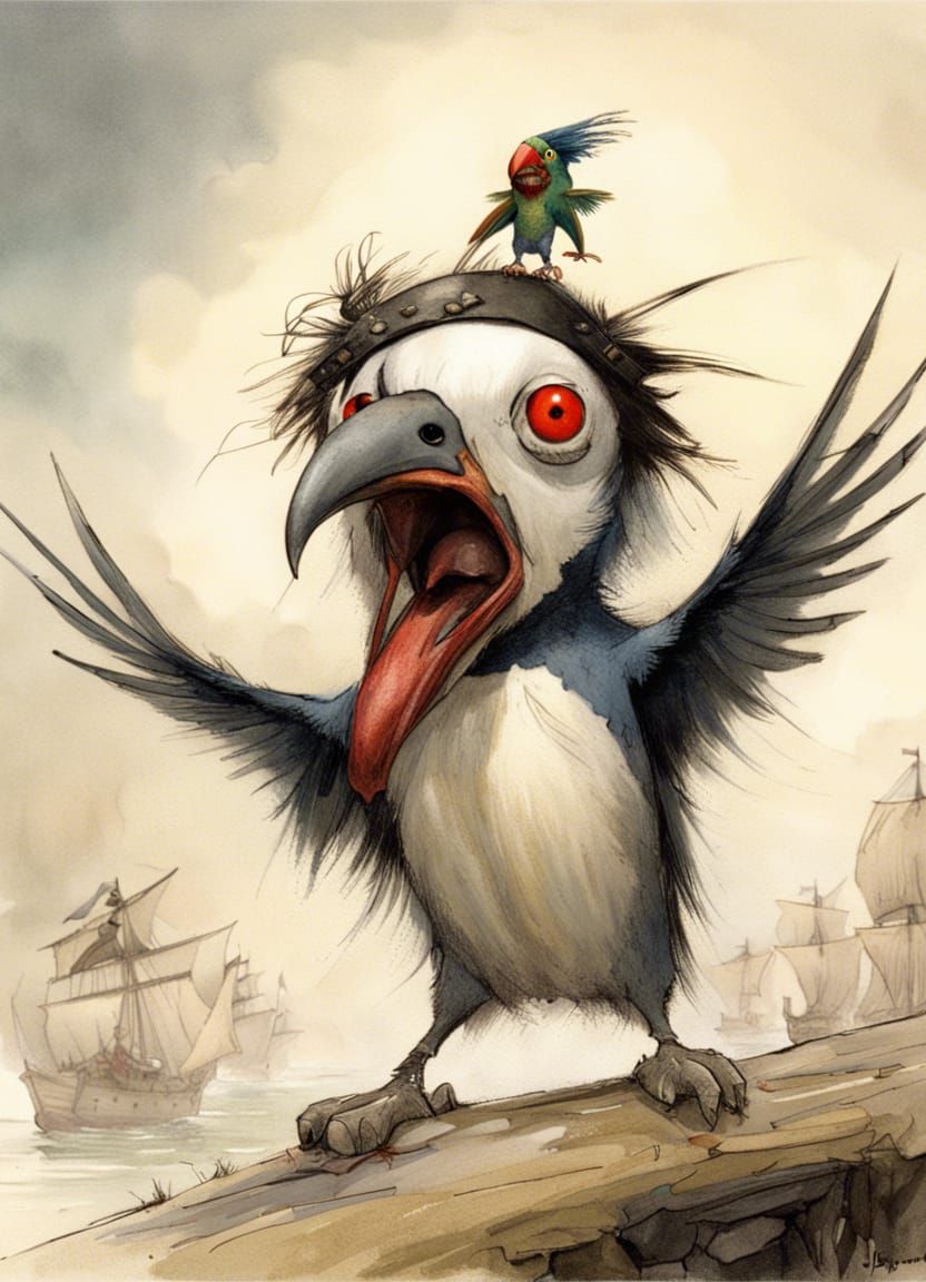 Fearsome Pirate Penguin with Macaw, in Fantasy Art Style