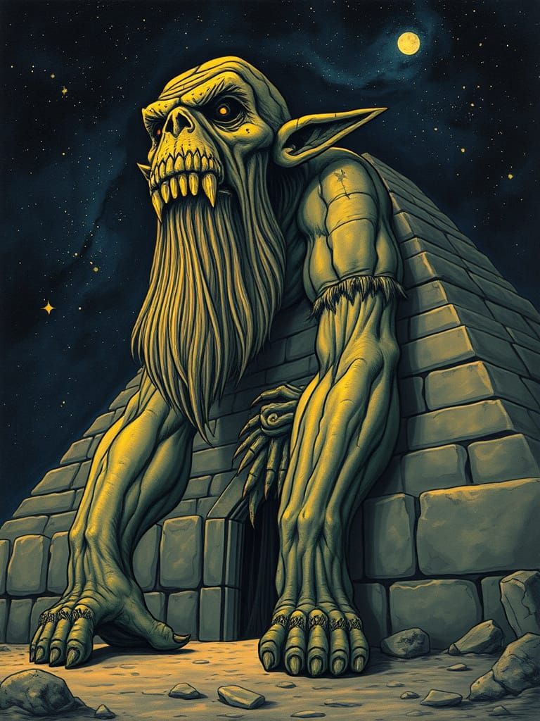 Golden age illustration of a a big bold troll, stoney and massive, with a huge neck, as big as a horse's neck, and stand...