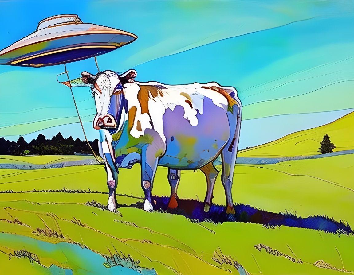 UFO Chasing Cow in Watercolor Landscape