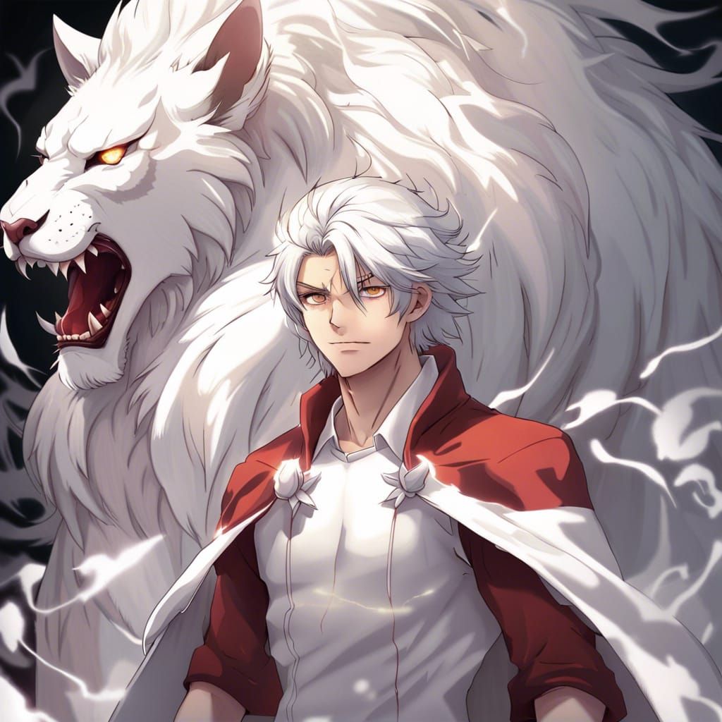 Demonic Human Portrait with Guardian Lion in Anime Style