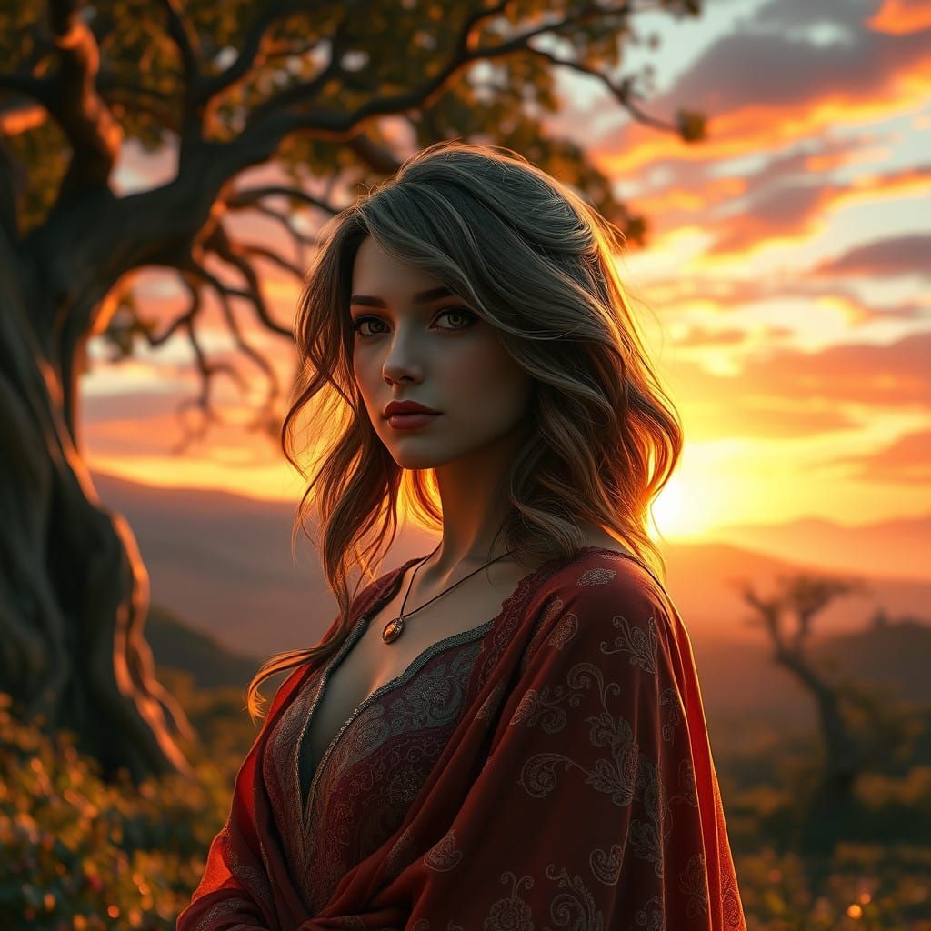 Woman in Flowing Hair and Ethereal Attire in Vibrant Sunset...