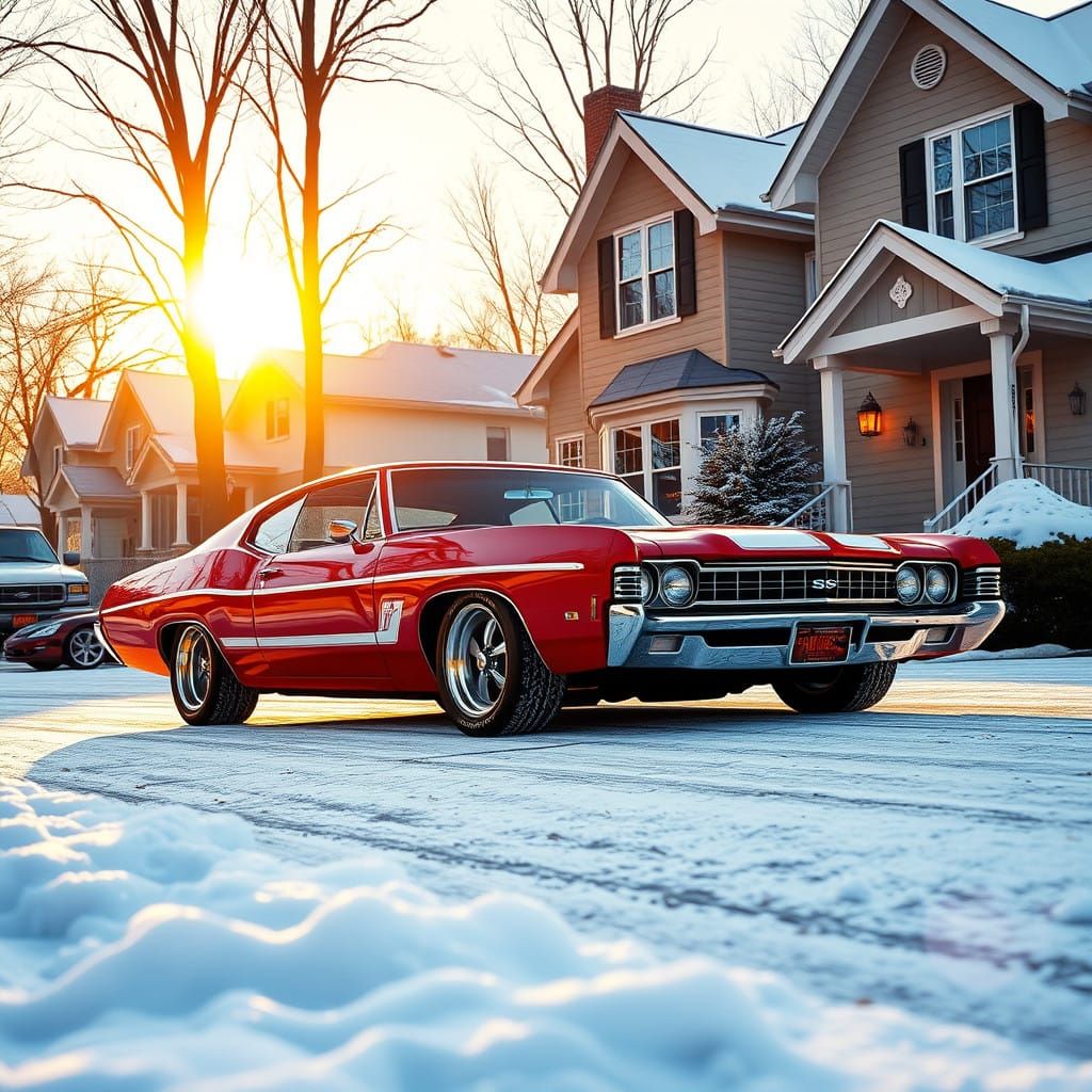 Classic American Muscle Car in Winter Wonderland