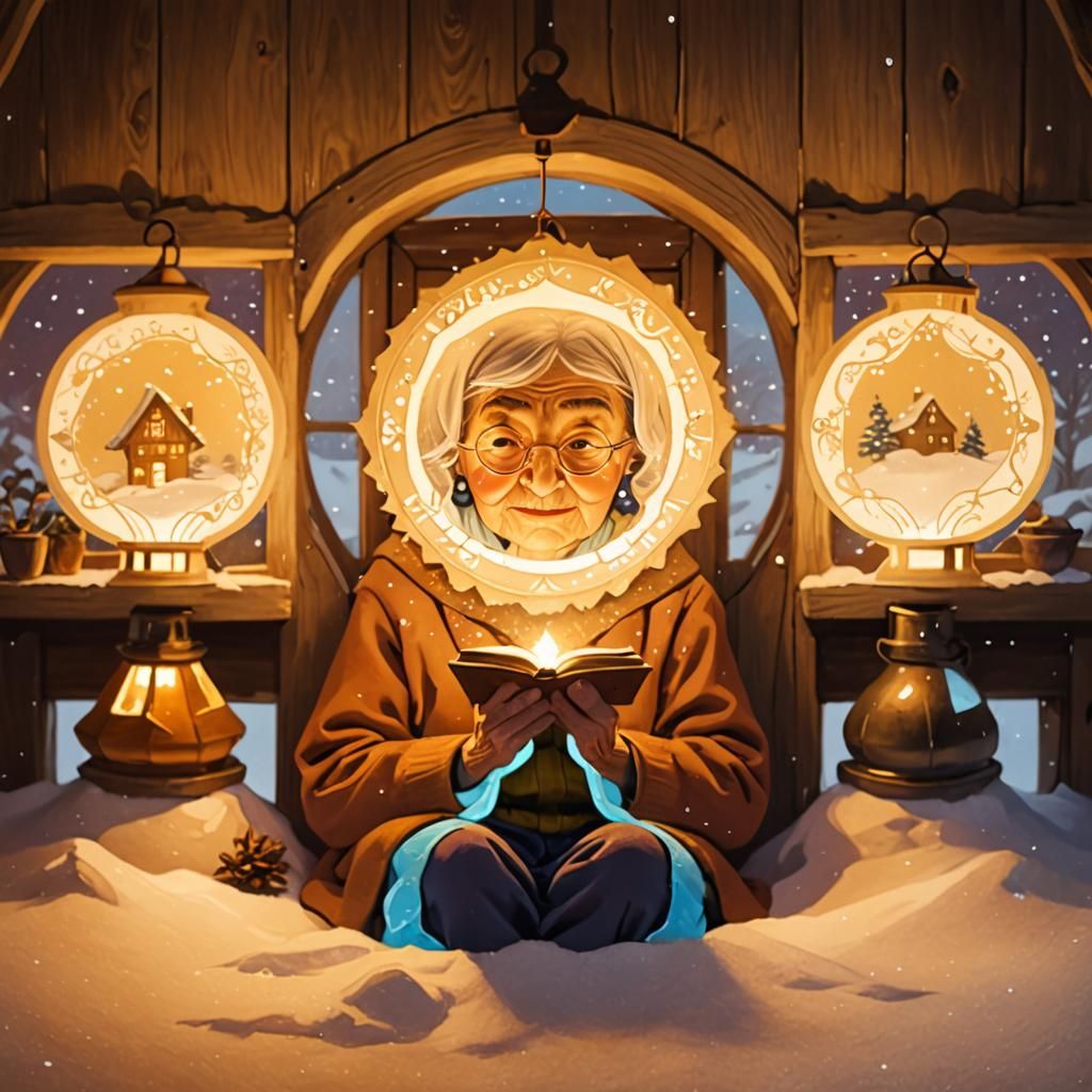 Whimsical Folk Art: Winter Cottage Reading Scene