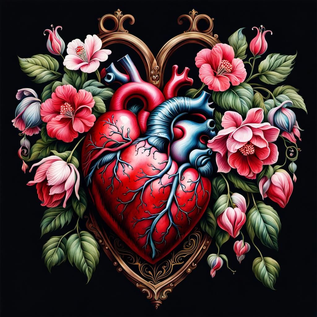 Victorian Anatomical Heart with Bleeding Heart Flowers