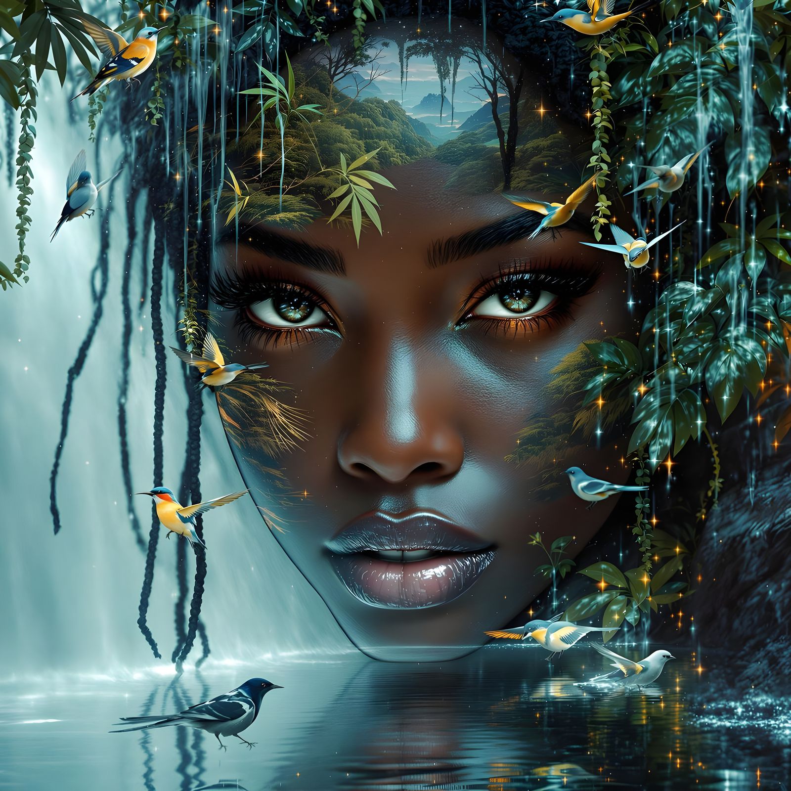 Cyborg Princess Waterfall: A Surreal Digital Painting