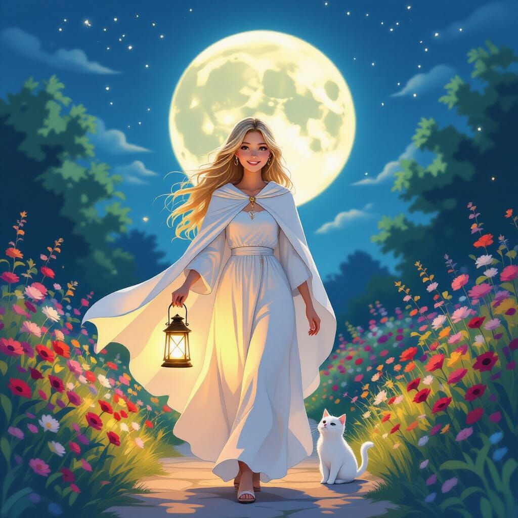 Woman with Cat in Moonlit Garden, Dreamy Illustration