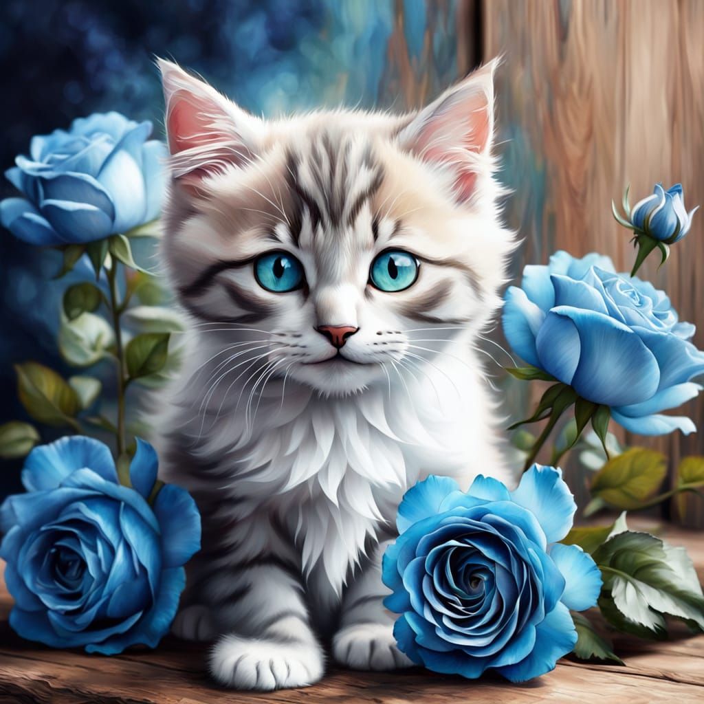 Watercolor Whimsy: Fluffy Kitten Surrounded by Blue Roses