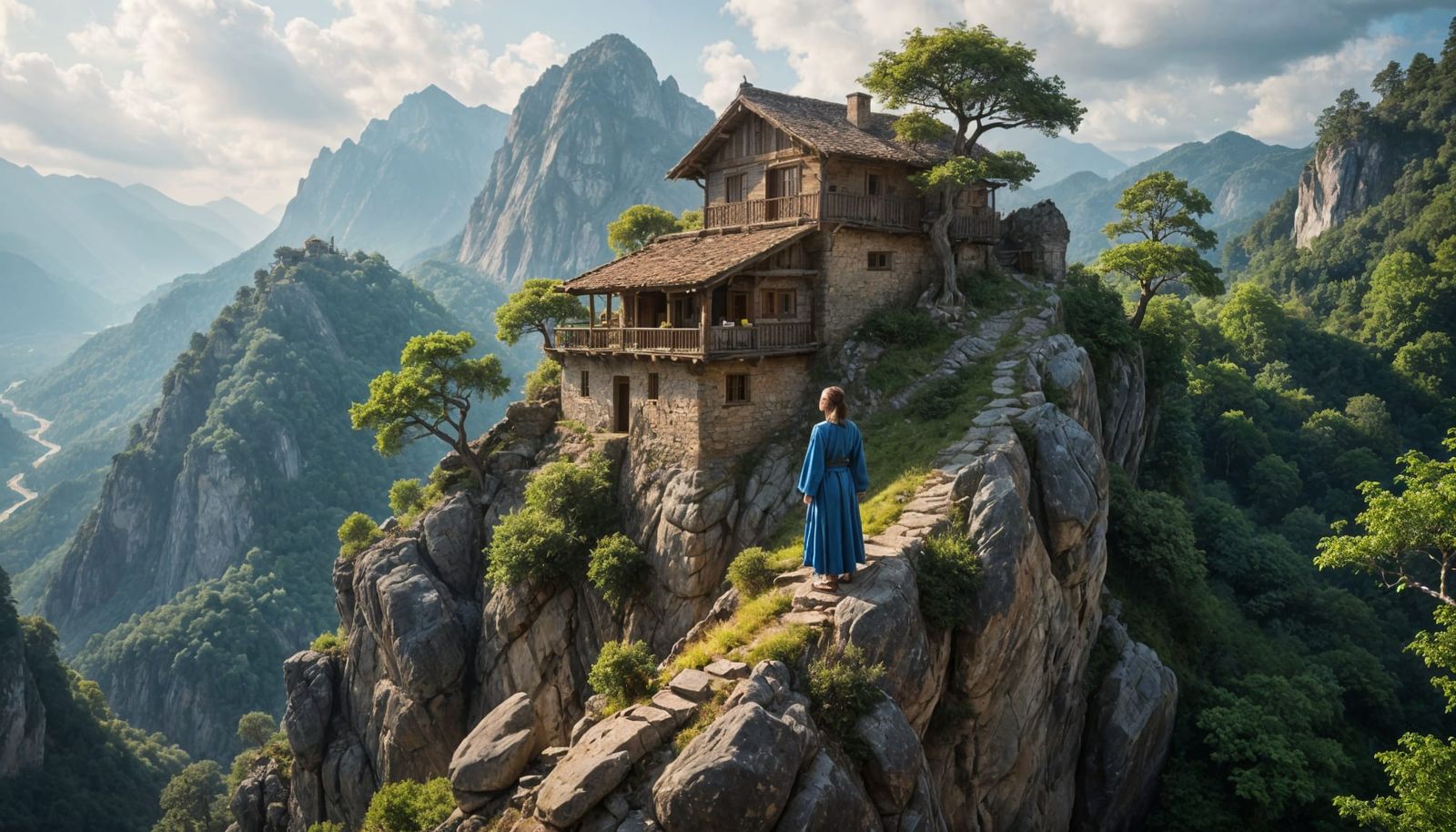 Ancient House on Rocky Cliff with Woman in Blue