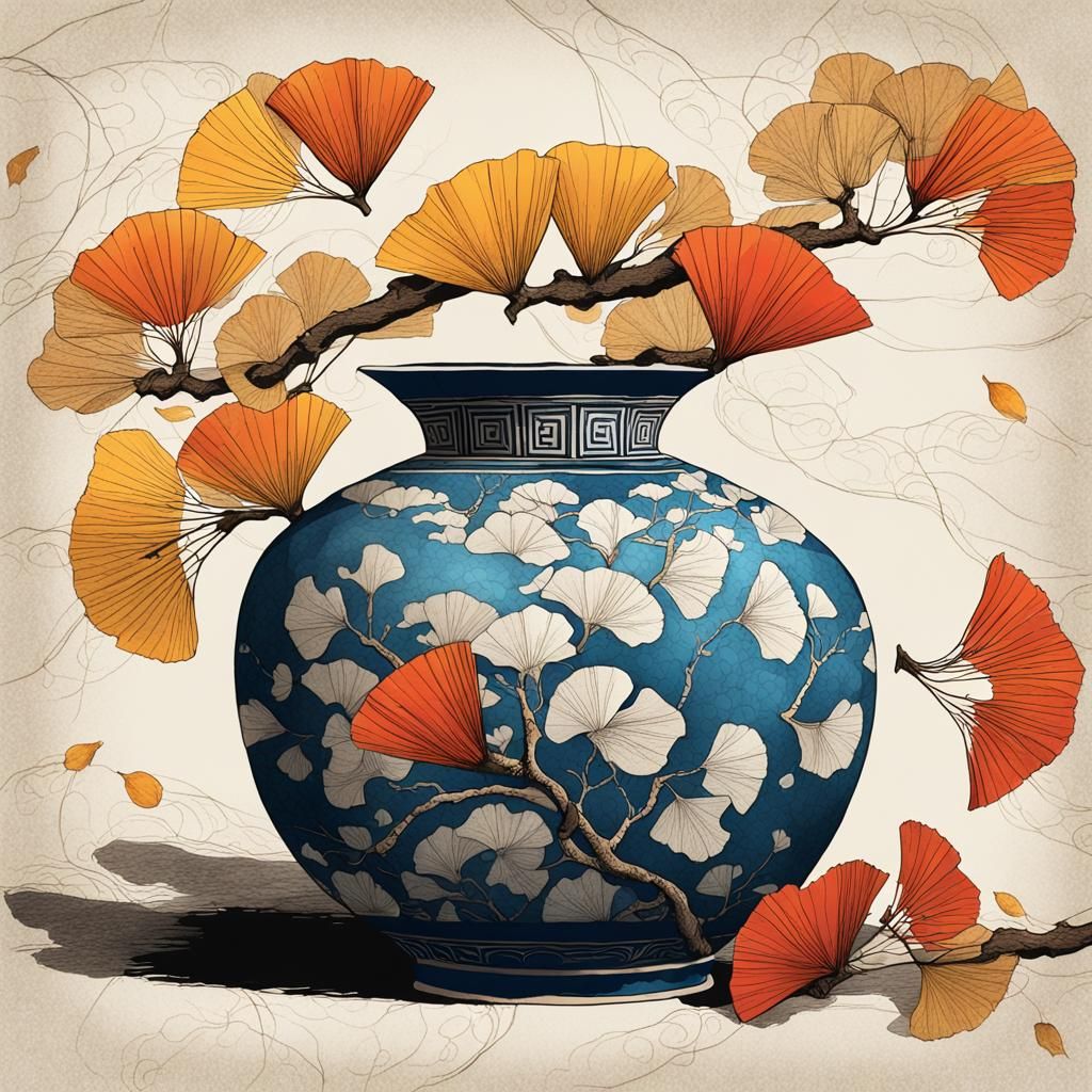Hyperrealistic Ginko Twigs in Japanese Vase