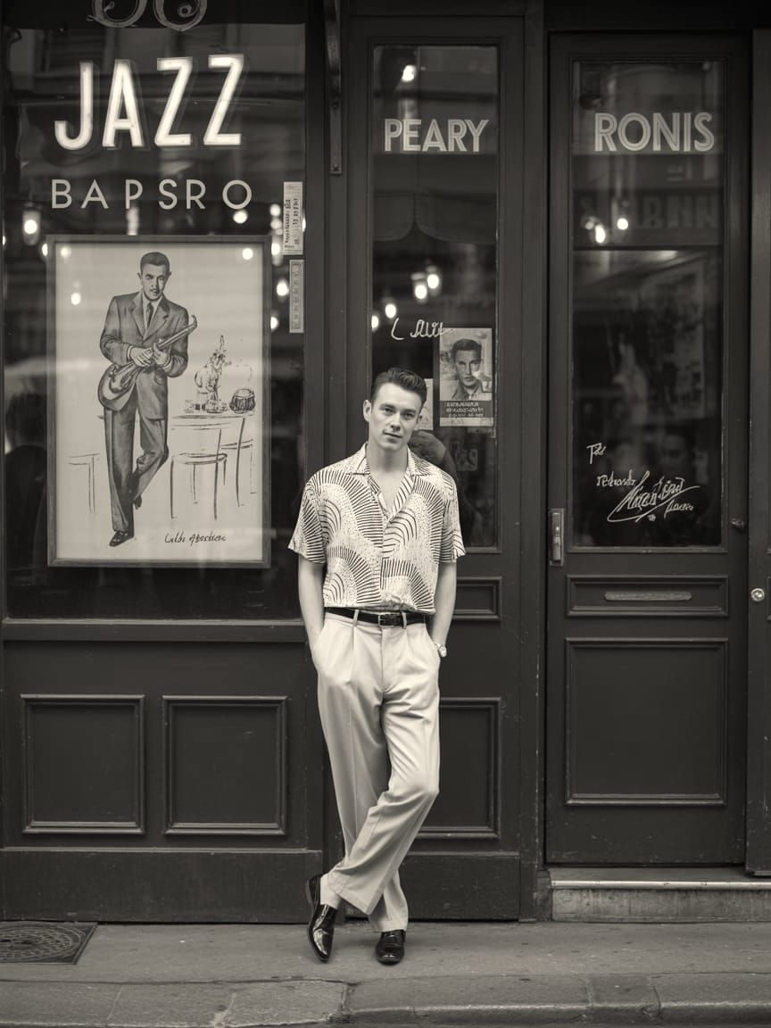 1950s Man Poses at Parisian Jazz Bistro