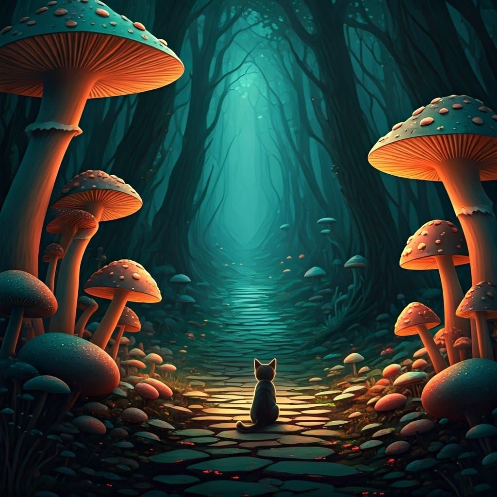 Enchanting Cat in Iridescent Mushroom Forest