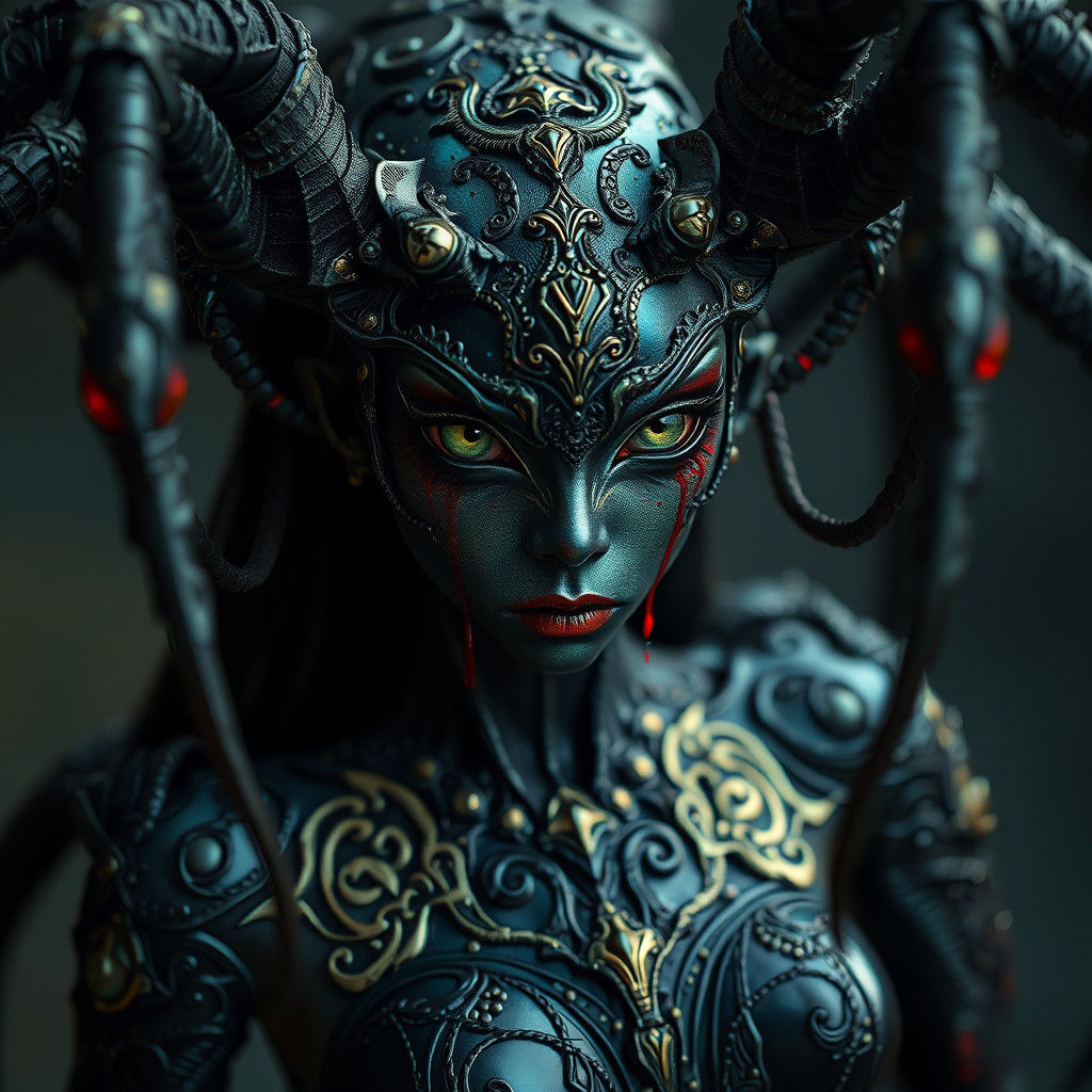 Gothic Spider Demon Girl with Piercing Green Eyes