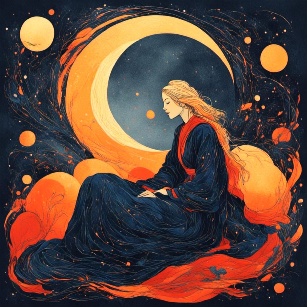 Woman Sleeping in Cosmic Dreamscape: Palekh Style