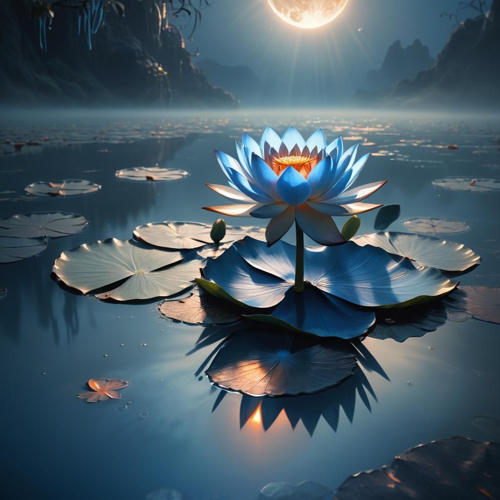 Blue lotus illuminated by the moon.