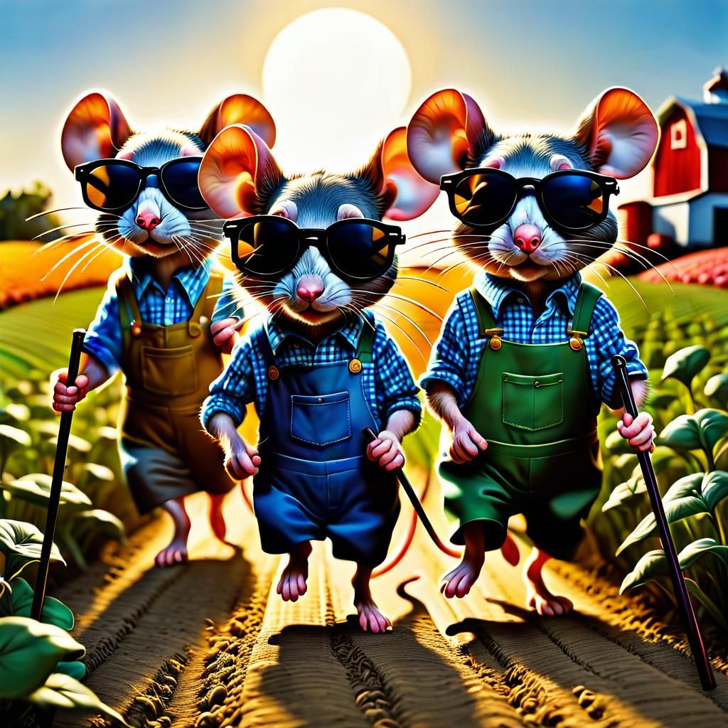 An adorable cartoon image of  three blind mice complete with white canes and dark glasses, chasing after a farmer's wife
