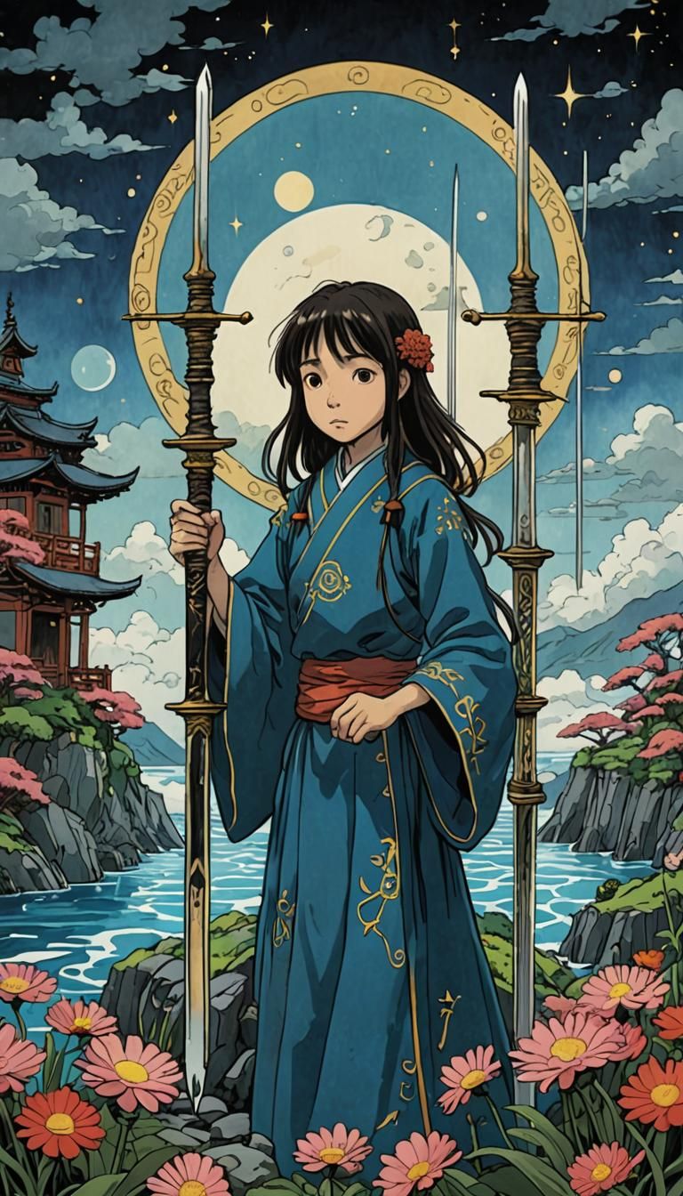 Six of Swords Tarot in Ghibli Style