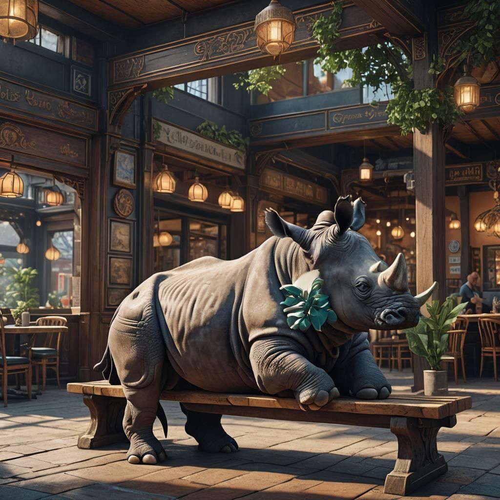 Rhino Meditating in Cafe: Fantasy Concept Art