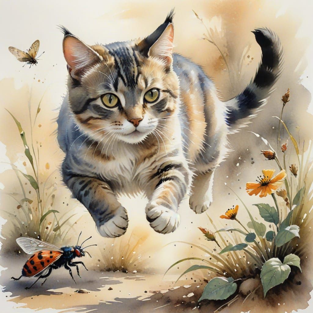 Watercolor Cat Pouncing on Bug with Ink Detail