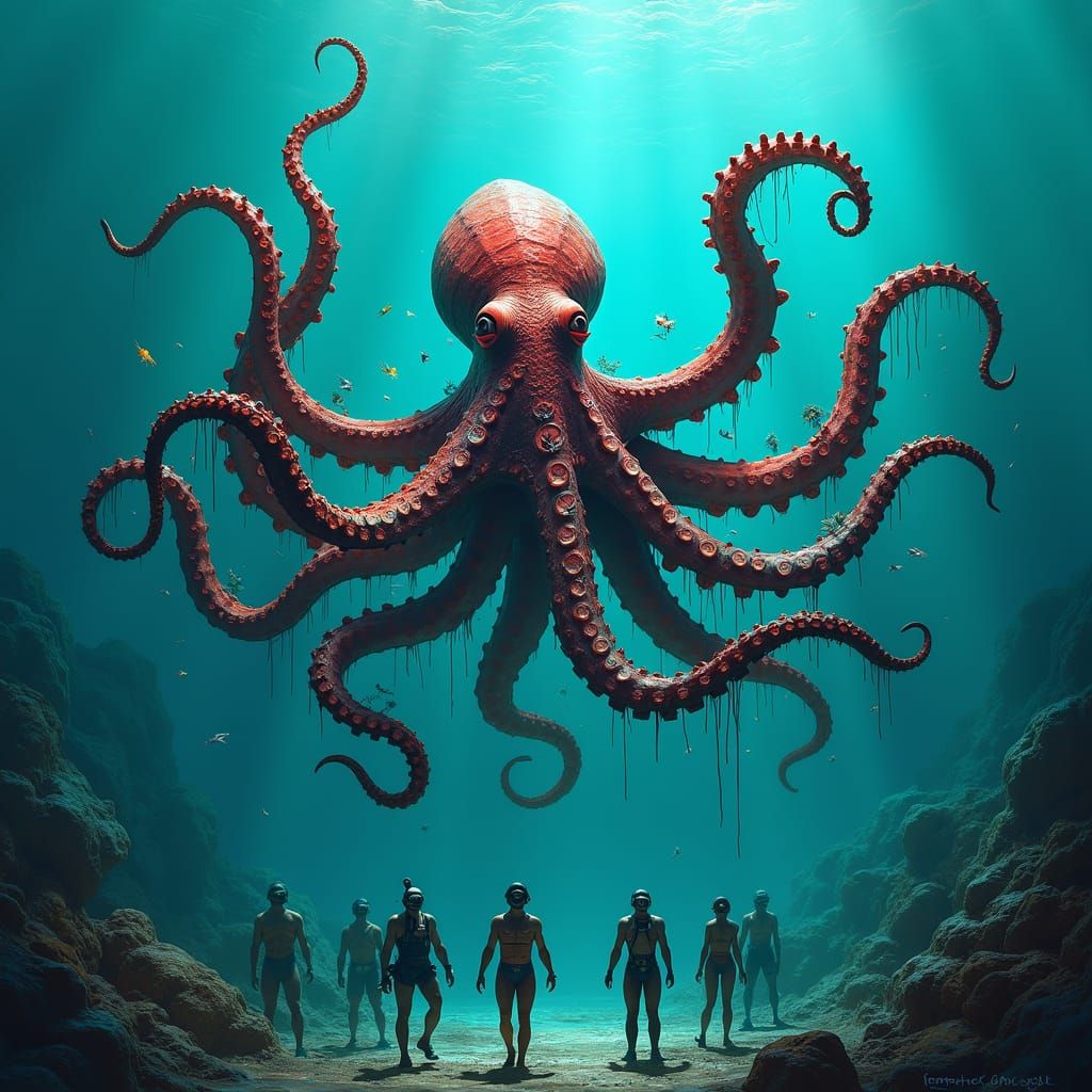 Enraged Octopus Grips Plastic Waste in Bioluminescent Ocean