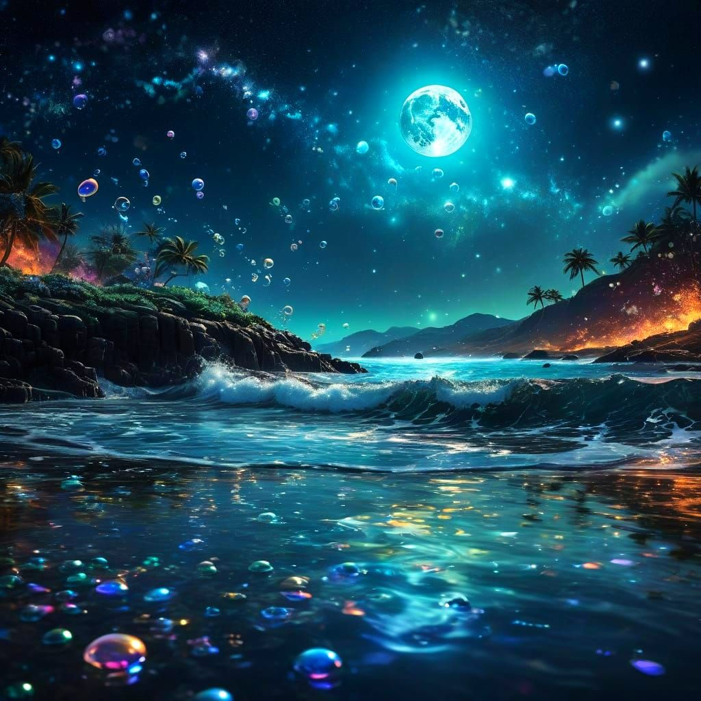 Iridescent Bubbles Dance Amidst Celestial Waves