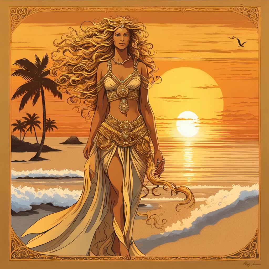 Goddess Struts on Beach at Sunset