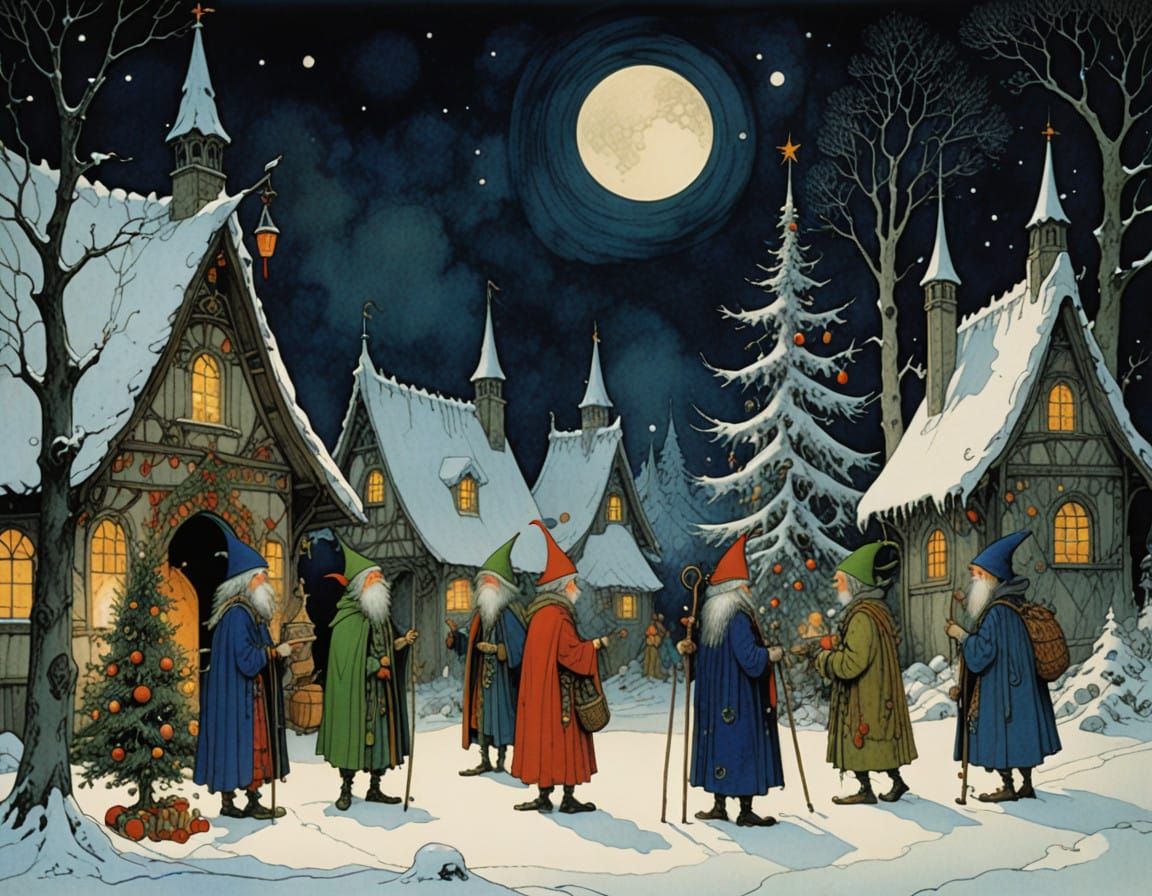 Whimsical Christmas Elves Unite Under Twinkling Stars