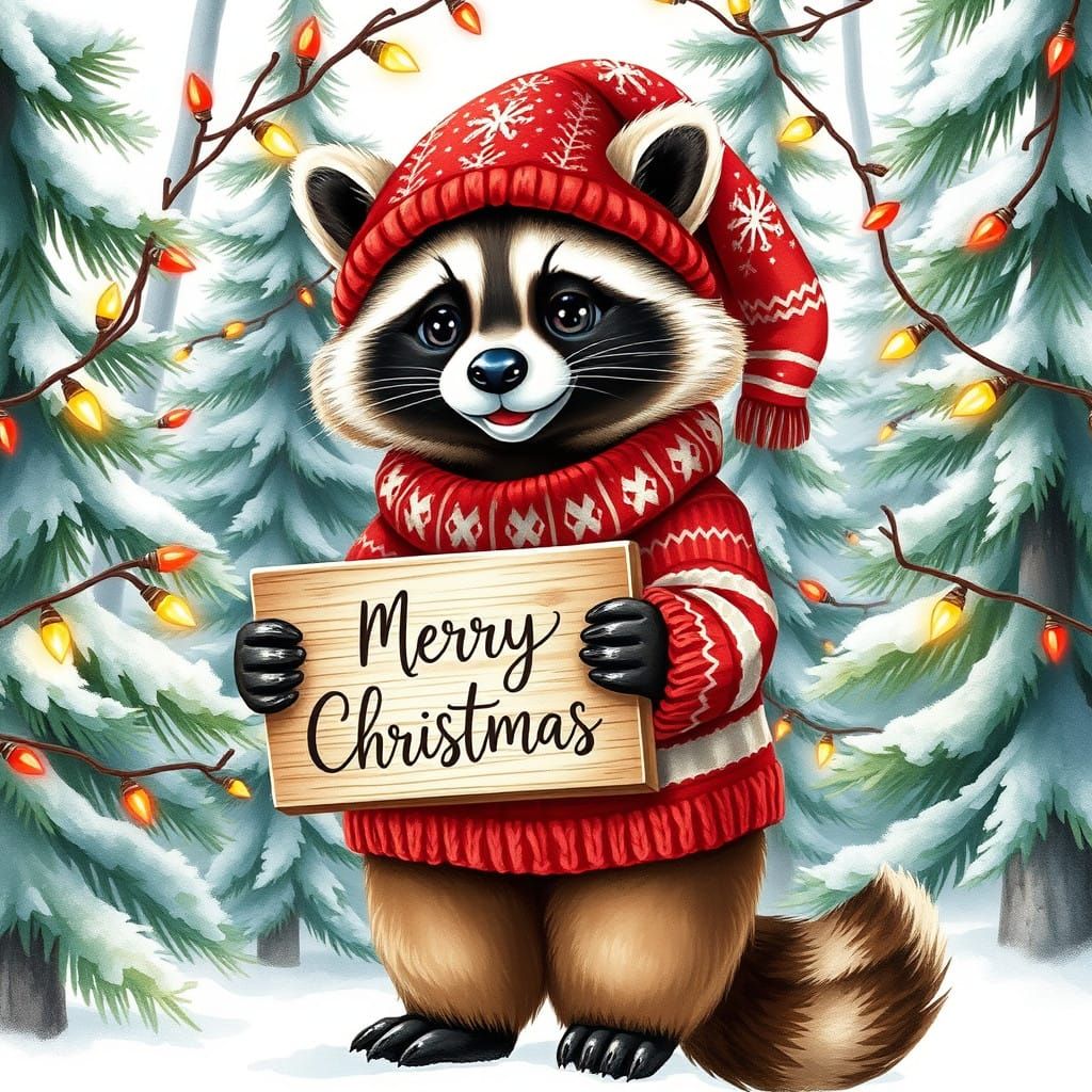 Watercolour Christmas Raccoon in Cozy Sweater