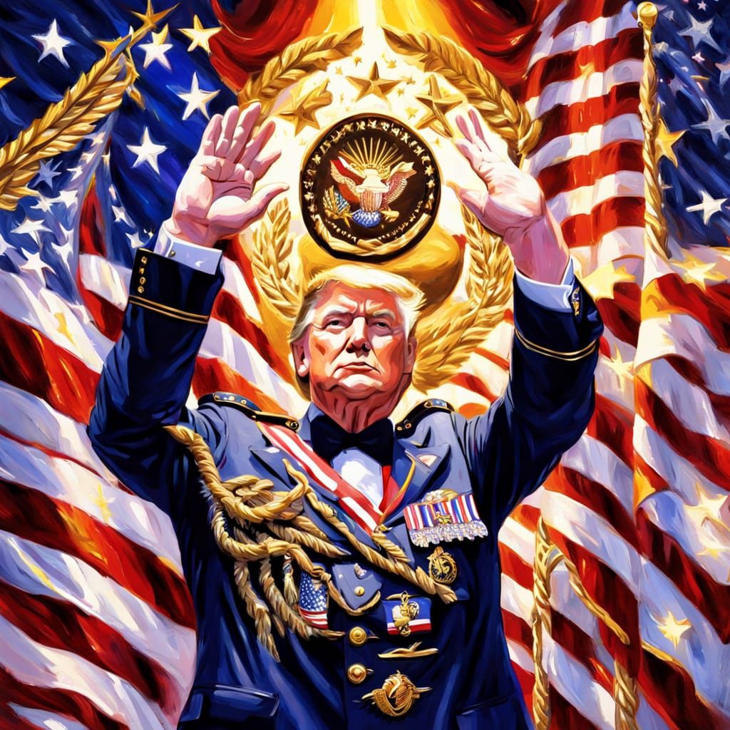 President Trump Salutes US Marines: Patriotic Oil Painting